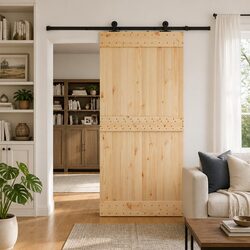 Sliding Door Brown Natural Pine Wood Black Steel Track Modern Space-Saving