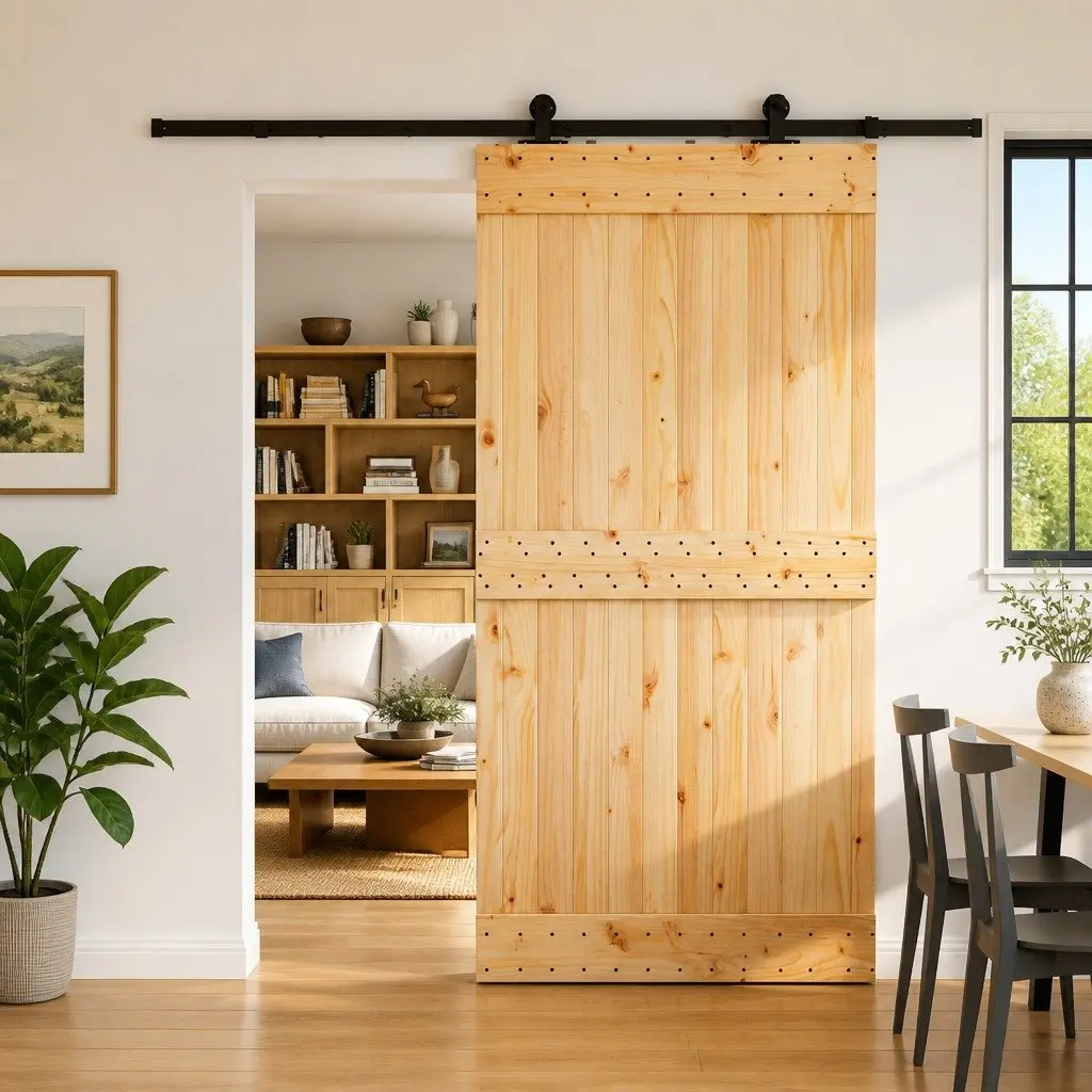 Sliding Door Black Steel Natural Pine Wood 100cm x 210cm Space Saving Modern Room Divider
