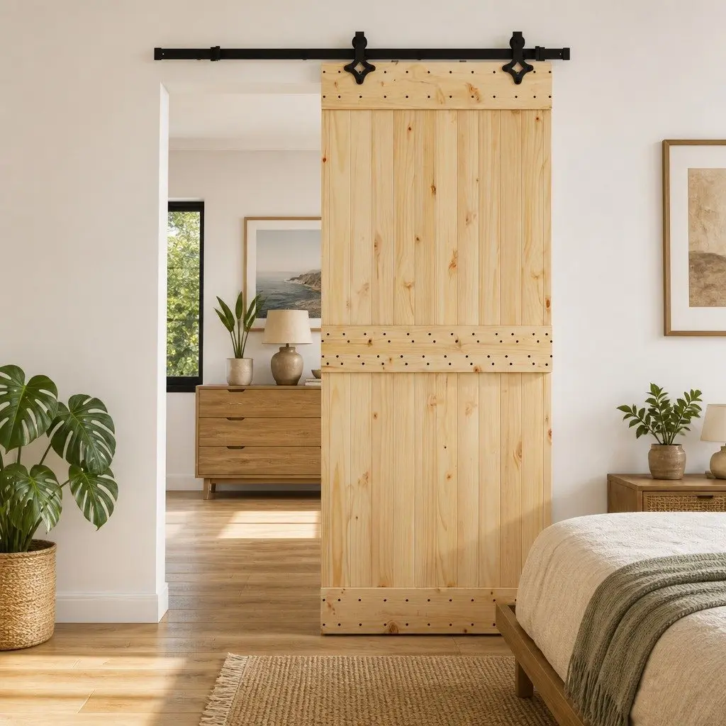 Sliding Door Natural Pine Wood Black Steel Frame 85x210cm Top Track System