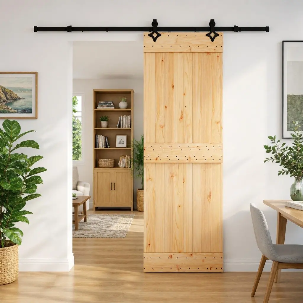 Sliding Door Natural Pine Wood 70x210cm Black Steel Track Modern Room Divider