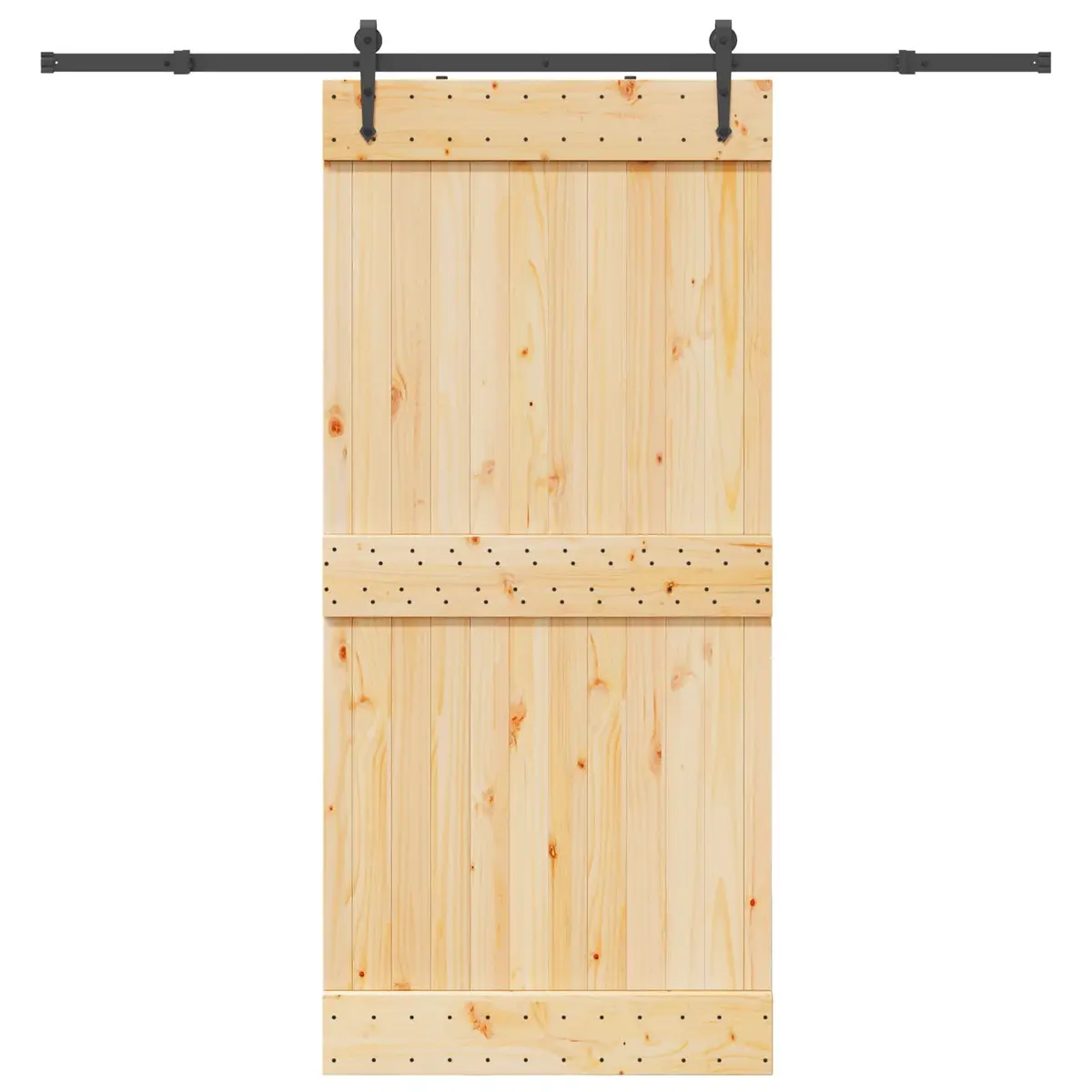 Sliding Door Natural Pine Wood Frame Black Track Modern Room Divider 95 x 210 cm
