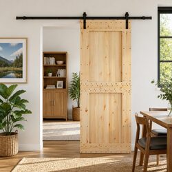 Sliding Door with Natural Pine Wood Frame and Black Steel Track 90x210cm Modern