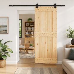 Sliding Door Natural Pine Wood Black Track 90 x 210 cm Modern Room Divider