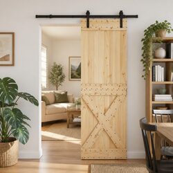 Sliding Door Pine Wood Frame Black Track Space-Saving Modern Room Divider