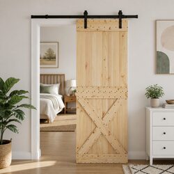 Concise Sliding Door with Pine Wood and Steel Track