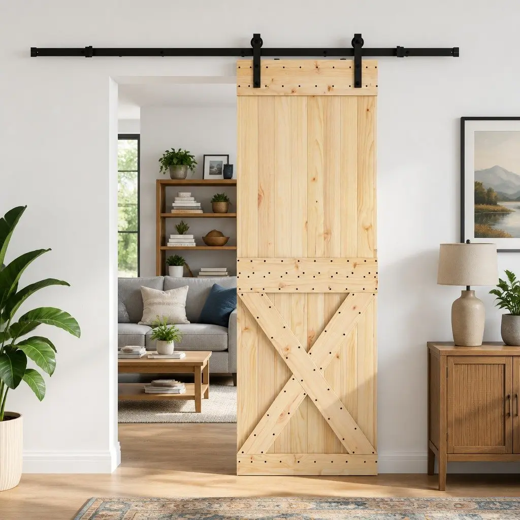 Sliding Door Brown 70 cm Space Saving Interior Doorway Natural Wood Black Track