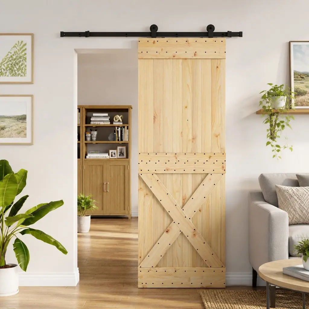 Sliding Door Natural Pine Wood Black Steel Frame Space-Saving Modern Design