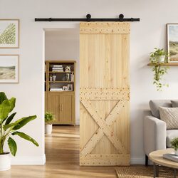 Sliding Door Natural Pine Wood Black Steel Frame Space-Saving Modern Design