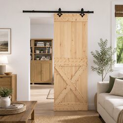 Sliding Door Modern Room Divider 80 x 210 cm Natural Pine Wood Black Track