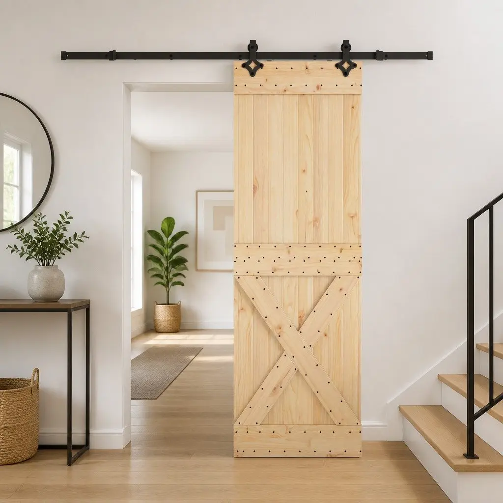 Sliding Door 70x210cm Natural Pine Wood Frame Black Steel Track Modern Interior