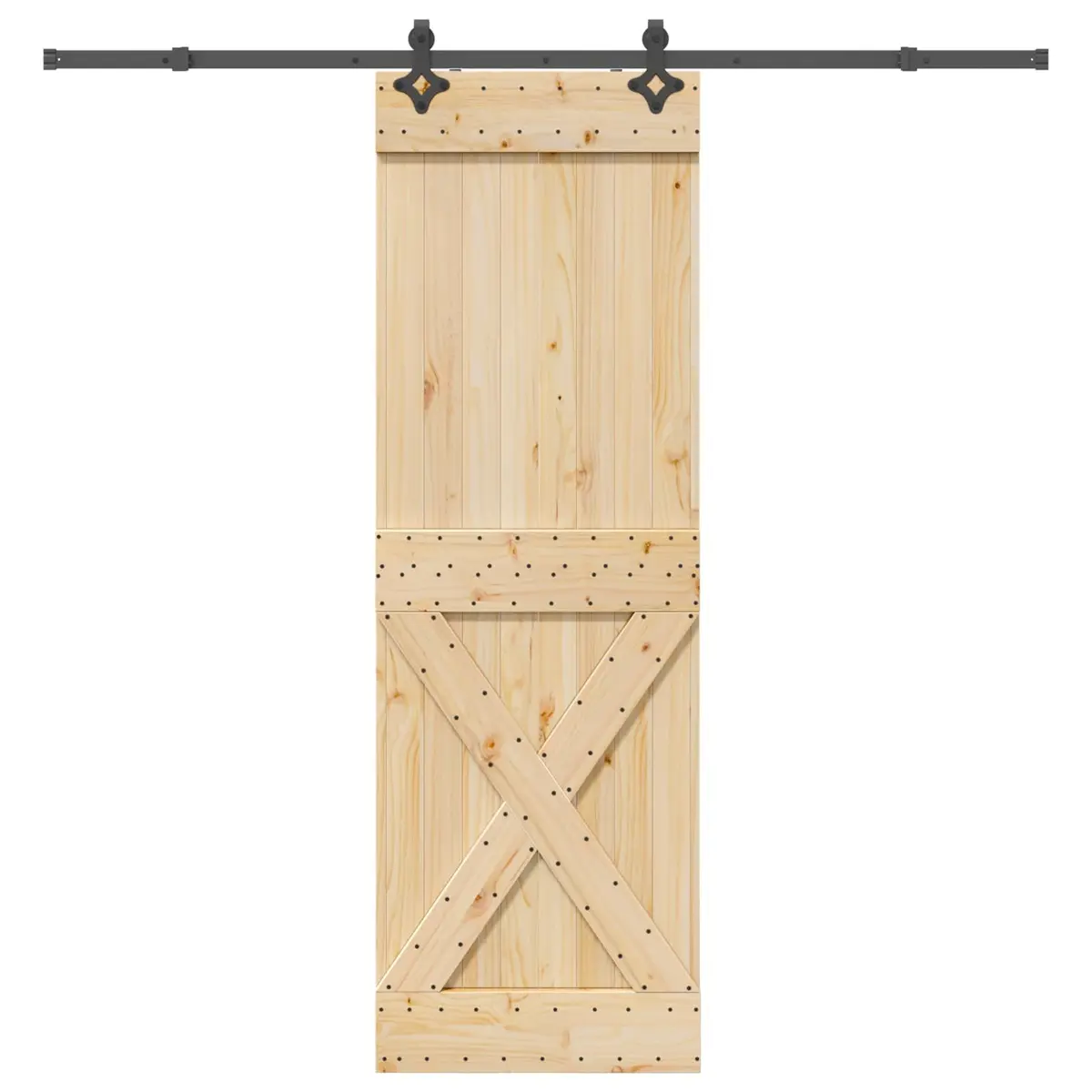 Sliding Door 70x210cm Natural Pine Wood Frame Black Steel Track Modern Interior