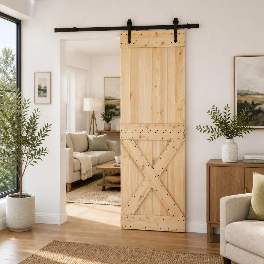 Sliding Door Modern Design Natural Pine Wood Black Track 70x210cm Space-Saving