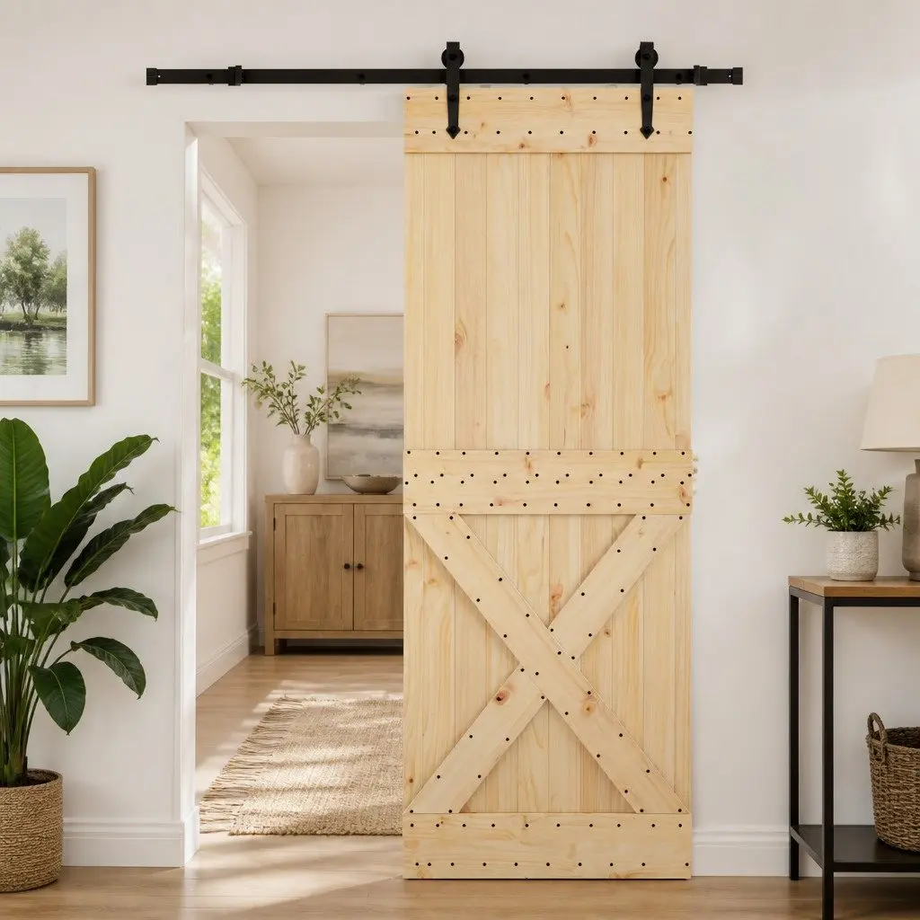 Sliding Door Brown 80 cm x 210 cm Natural Pine Wood Black Track Modern Room Divider Space-Saving