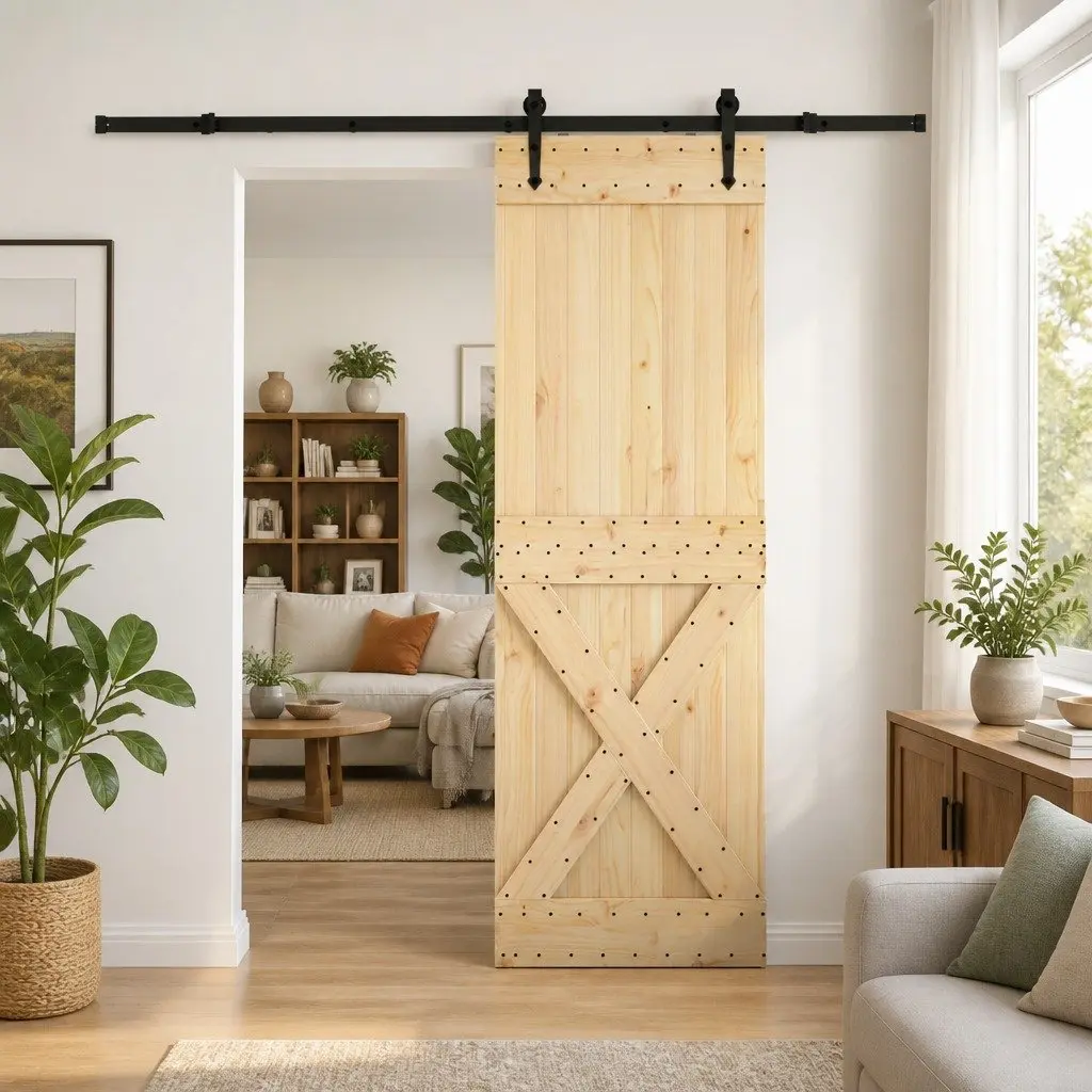 Sliding Door Modern Design Pine Wood Steel Track Room Divider 70x210cm