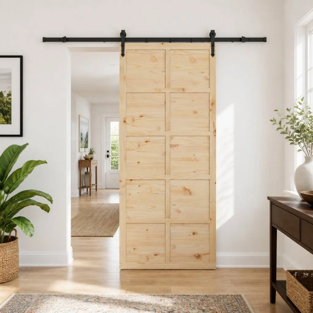 Sliding Door Natural Pine Wood 90x208cm Top Sliding Mechanism Modern Room Divider