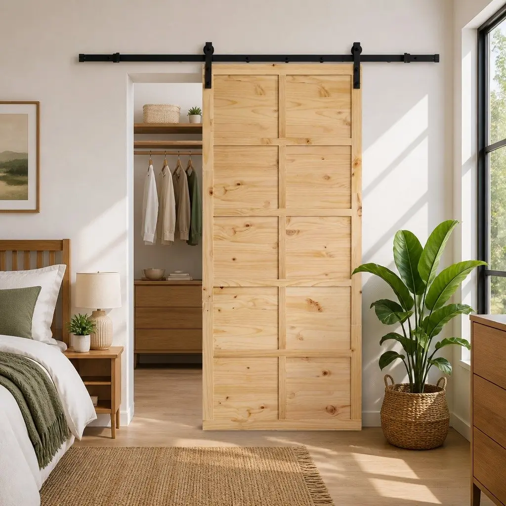 Sliding Door Natural Solid Pine Wood 90 x 208 cm Brown Home Interior Room