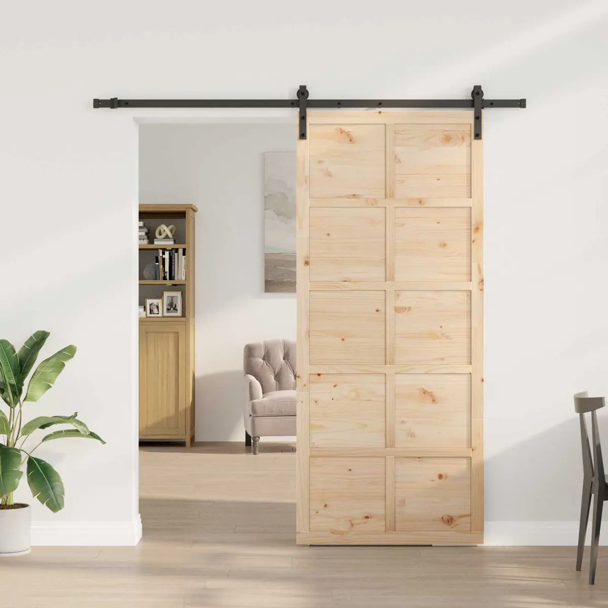 Sliding Door Natural Solid Pine Wood 90 x 208 cm Brown Home Interior Room
