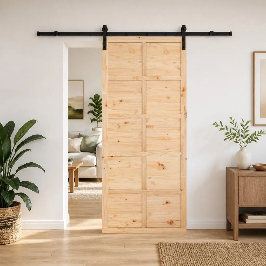 Sliding Door Natural Brown 90 x 208 cm Solid Pine Wood Top Sliding Mechanism