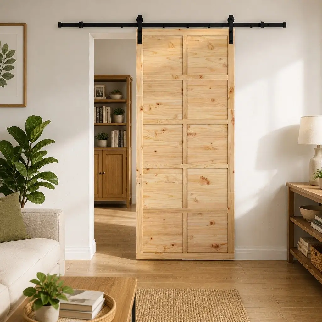 Sliding Door Brown 100 x 208 cm Solid Pine Wood Space-Saving Top-Sliding Mechanism