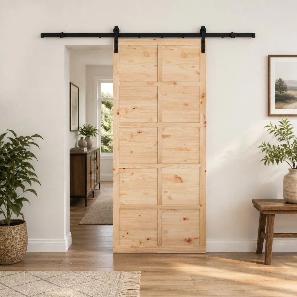 Sliding Door Natural Solid Pine Wood 80 x 208 cm Space Saving Top Sliding Mechanism