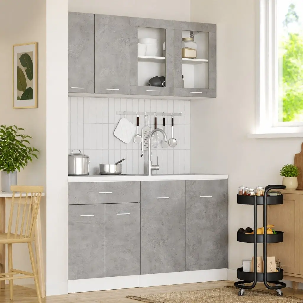 Kitchen Cabinet Set Grey 4 Piece Storage Unit Engineered Wood Drawers Shelves
