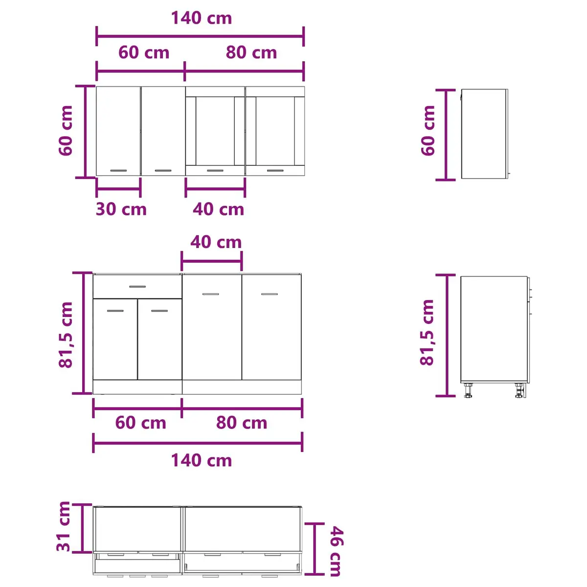Kitchen Cabinet Set Grey 4 Piece Storage Unit Engineered Wood Drawers Shelves