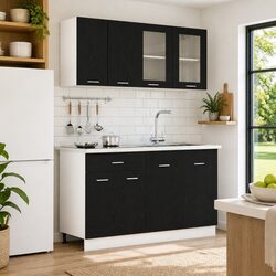 Kitchen Cabinet Set 4 Piece Black Oak Storage Unit Drawers Shelves Adjustable