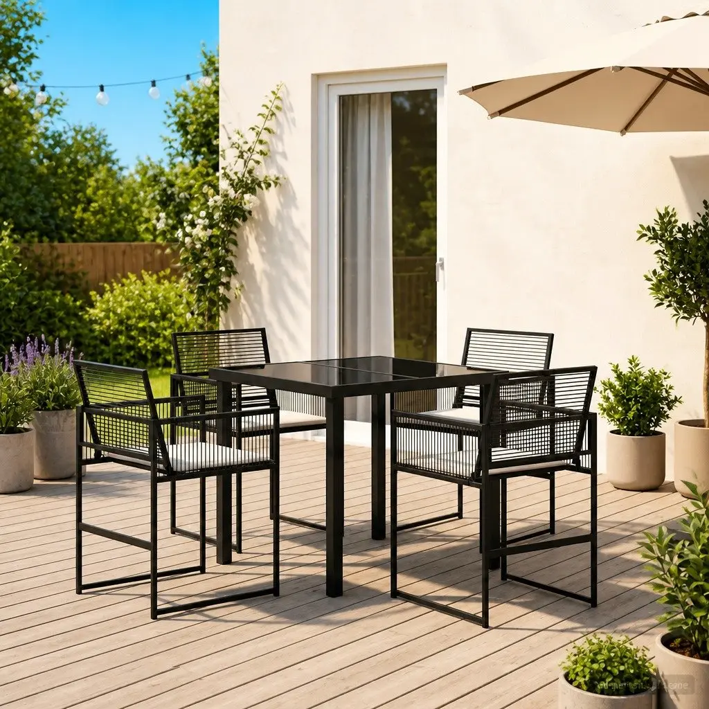 Outdoor Dining Set Black 5 Piece Poly Rattan Garden Furniture with Glass Table