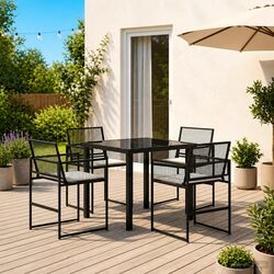 Outdoor Dining Set 5 Piece Black Poly Rattan Garden Furniture with Glass Table