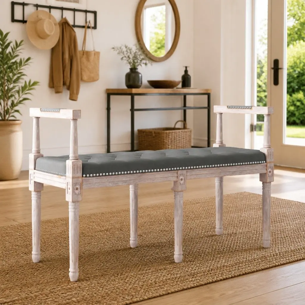 Bench Fabric Seat Grey Foyer Entryway Living Room Wooden Legs Padded Cushion