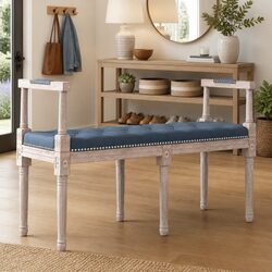 Bench Velvet Upholstery Grey Tufted Seat Wooden Legs Entryway Living Room