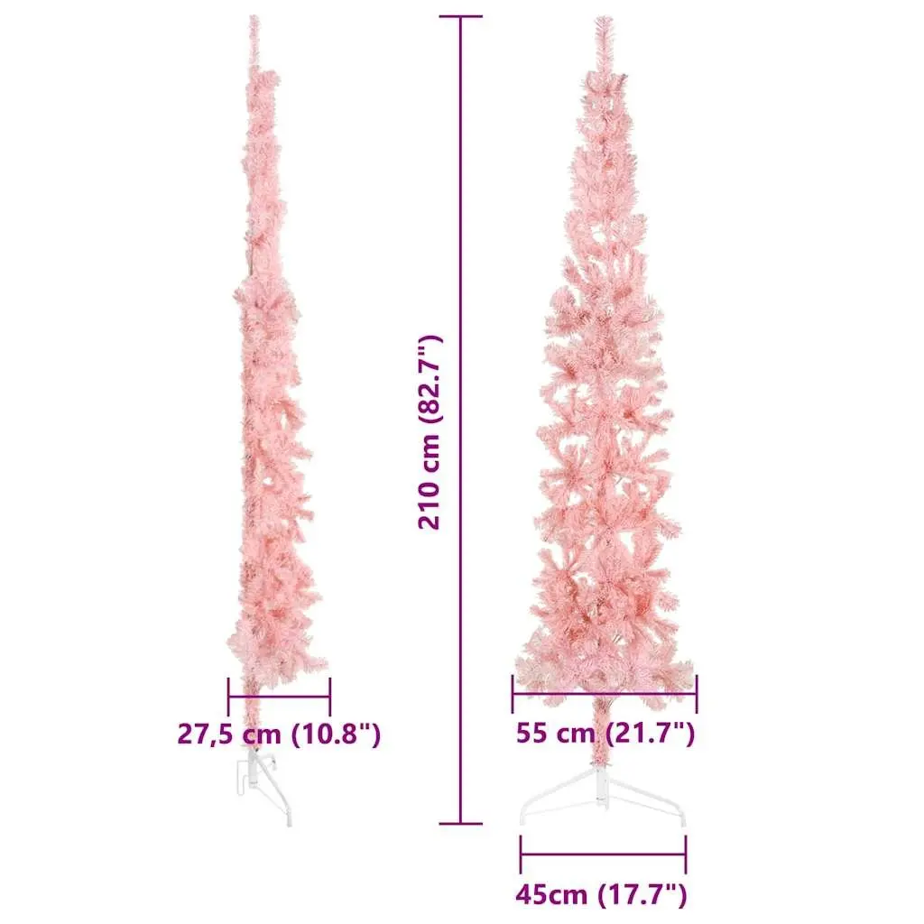 Slim Artificial Half Christmas Tree with Stand Pink 210cm Holiday Decoration
