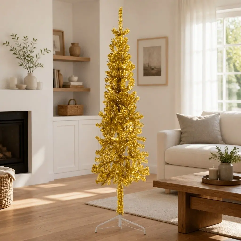 Slim Artificial Half Christmas Tree with Stand 150cm Gold Holiday Decoration