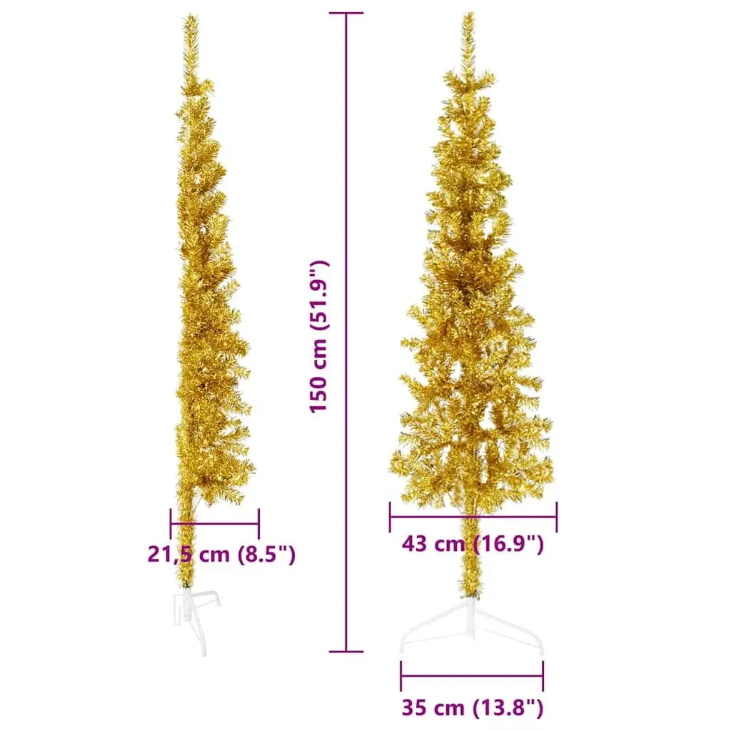Slim Artificial Half Christmas Tree with Stand 150cm Gold Holiday Decoration