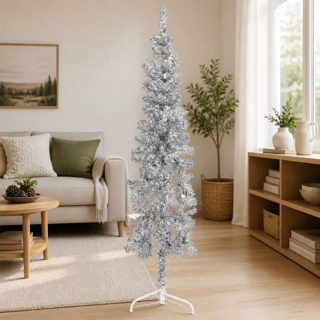 Slim Artificial Half Christmas Tree with Stand Silver 150cm Space-Saving Holiday