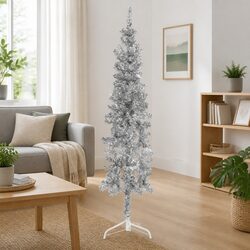 Slim Artificial Half Christmas Tree with Stand 180 cm Silver Holiday Decor