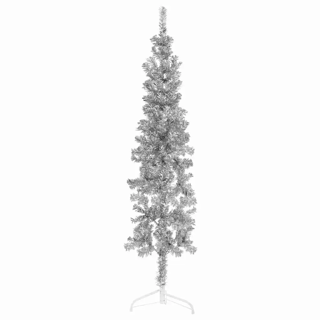 Slim Artificial Half Christmas Tree with Stand 180 cm Silver Holiday Decor