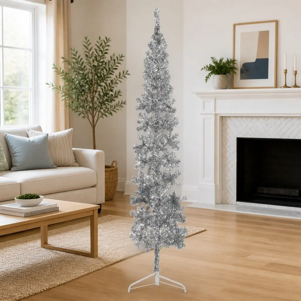 Artificial Half Christmas Tree Slim Silver 240cm Holiday Home Decor Wall Mount