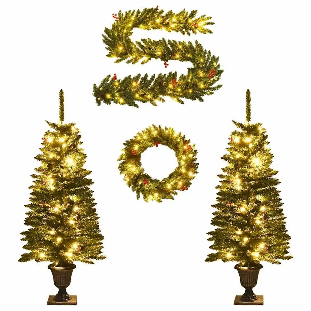 Artificial Christmas Tree Set 2 Pieces with Wreath Garland LED Lights Holiday
