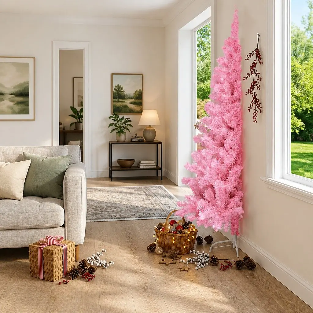 Half Christmas Tree 210cm Artificial with Stand Pink Xmas Holiday Seasonal Decor