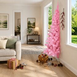 Half Christmas Tree 210cm Artificial with Stand Pink Xmas Holiday Seasonal Decor