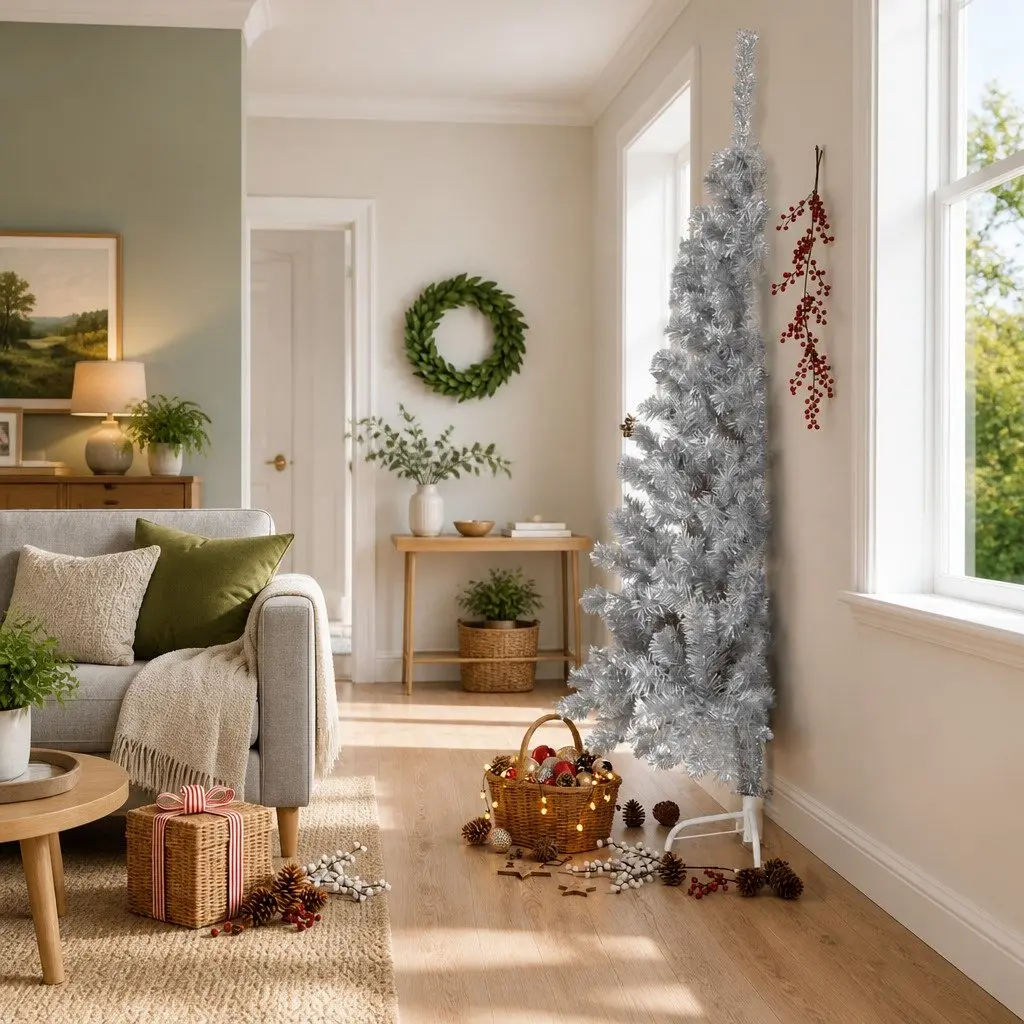 Half Christmas Tree 240cm Silver Artificial Xmas Seasonal Holiday Home Decor