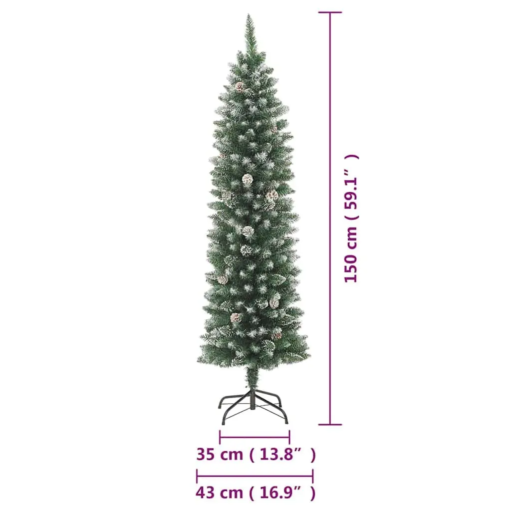 Artificial Slim Christmas Tree Green 150cm Pre-decorated with Cones Snow Flocked Finish