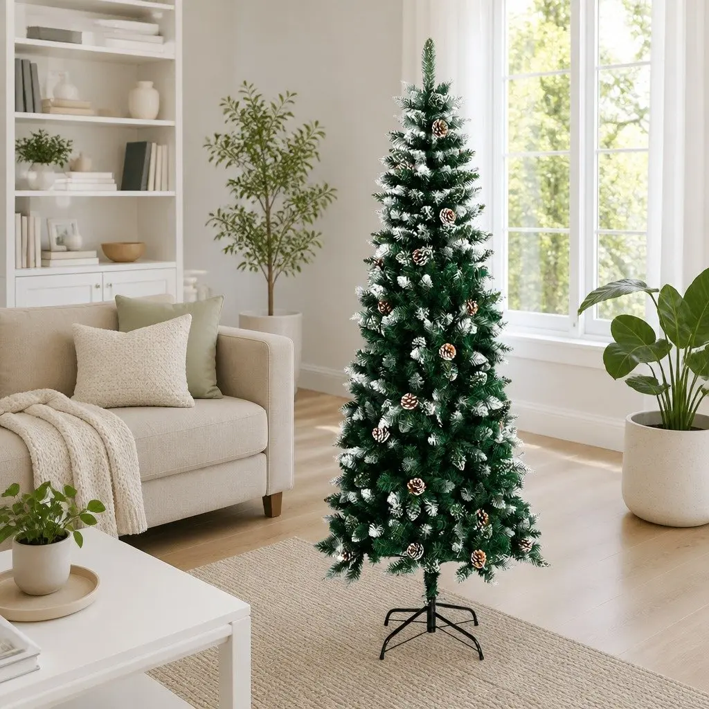 Artificial Christmas Tree Green 240cm PVC Hinged Branches Pre-decorated with Cones Artificial Snow Glitter