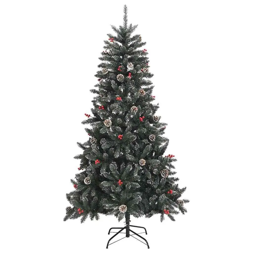 Artificial Christmas Tree Green 180 cm PVC Hinged Branches Pre-decorated with Cones Berries and Snow