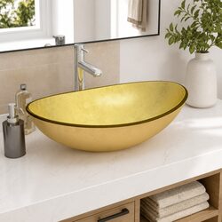 Tempered Glass Basin 54.5x35x15.5 cm Gold Countertop Bathroom Wash Sink Vessel
