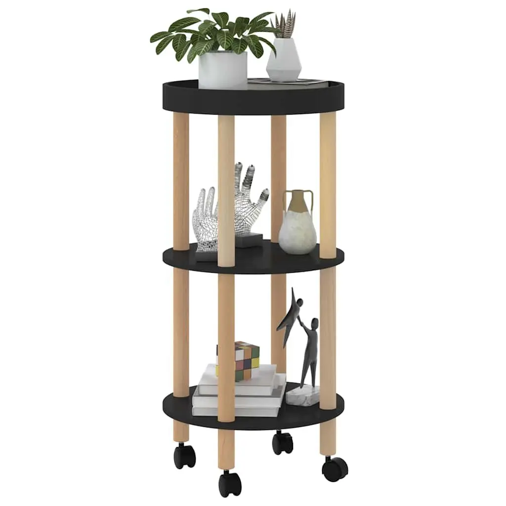 3-Tier Trolley Black Engineered Wood Lockable Wheels