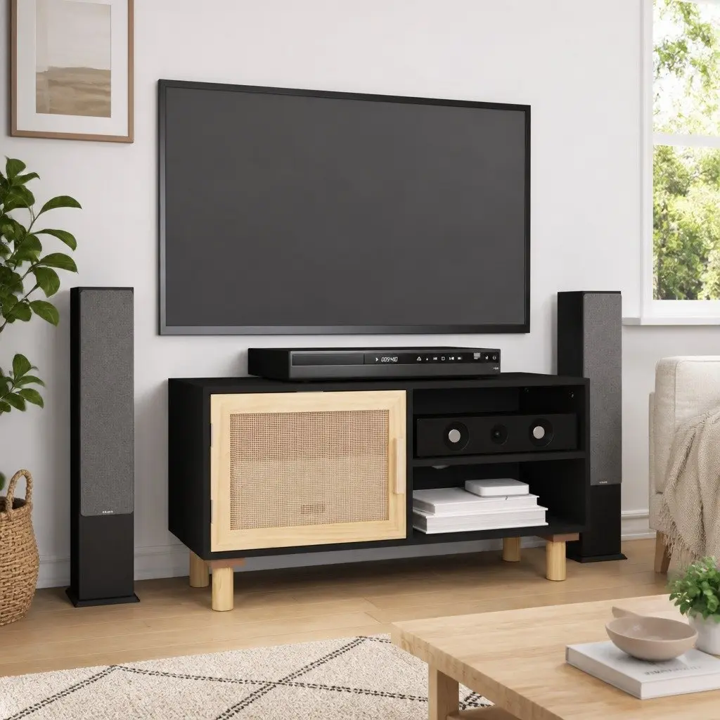 TV Cabinet Black Storage Unit 3 Compartments Rattan Door Solid Wood Feet Media