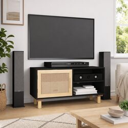 TV Cabinet Black Storage Unit 3 Compartments Rattan Door Solid Wood Feet Media