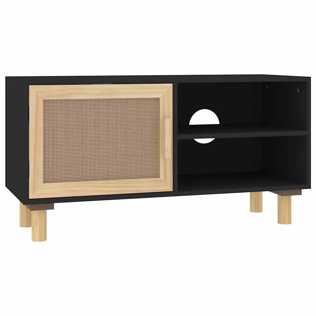 TV Cabinet Black Storage Unit 3 Compartments Rattan Door Solid Wood Feet Media
